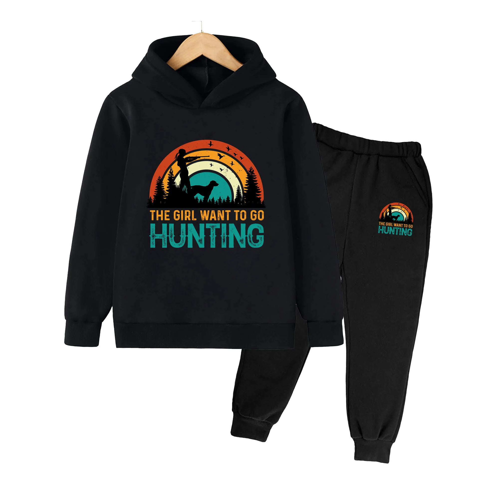 Kids Hoodie & Jogger Set, Retro Hunting Girl Print Casual Sportswear for Boys Girls Outdoor Activities