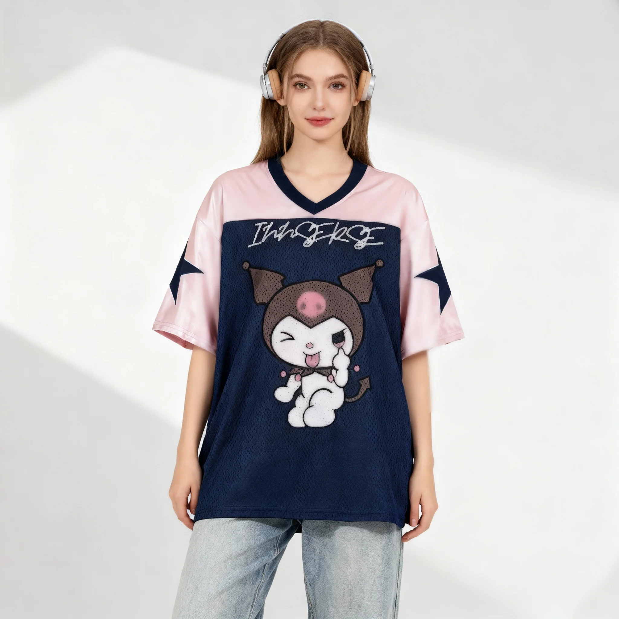 Sanliou كيتي كات كورومي مروحة زي كرة القدم الأمريكية الحلو كول تيشيرت صيفي المتضخم المرأة الكبار تي شيرت رياضي #4