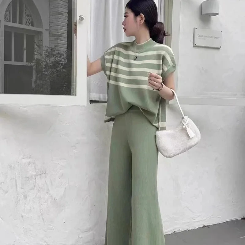 Harajuku Summer High Street Simple High-Grade Fashion Niche Striped Knitted Waistcoat Fashion Casual Slim Wide Leg Pants Women