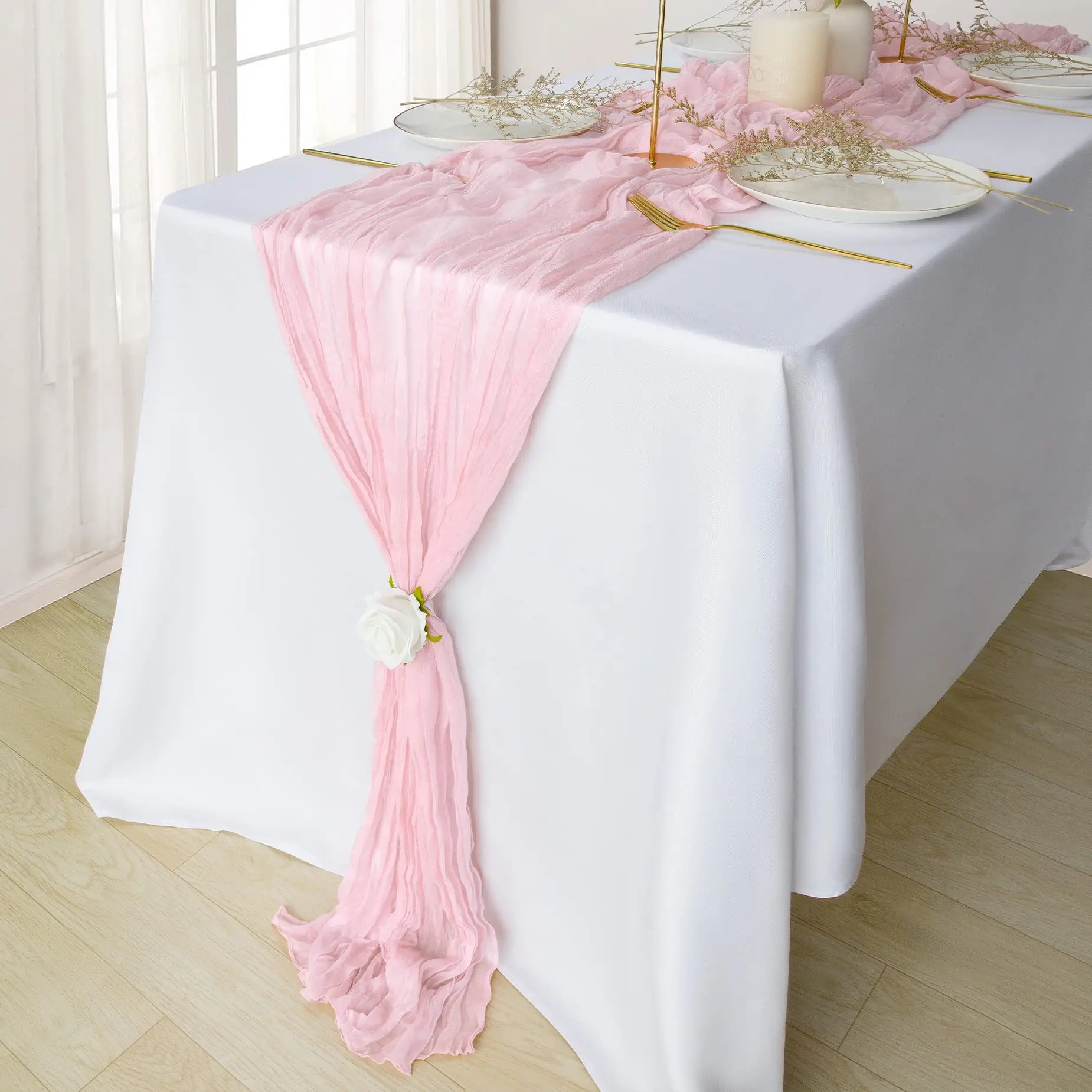 

Bohemian Pleated Table Runner - Balinese Crepe Cloth Braided Wedding Decor, Crinkle Party Table Flag for Dining & Boho Home