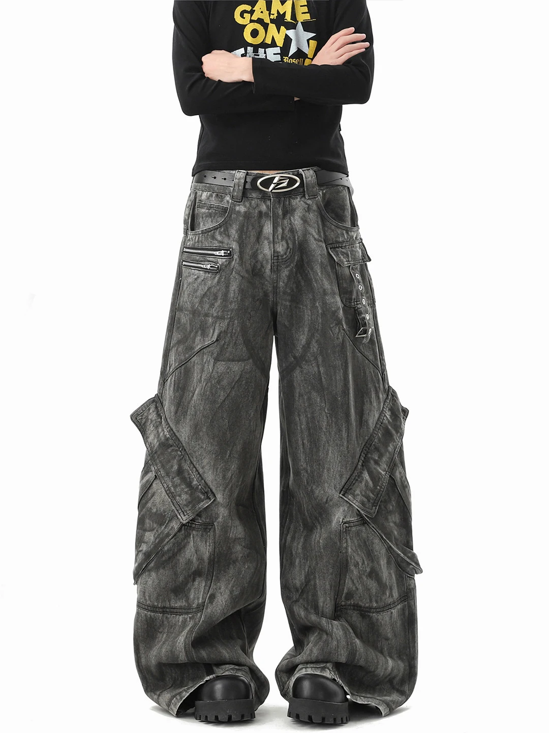 American Retro Workwear Style Men's Loose Fit Jeans Multiple Pockets Vintage Washed Denim Trendy High Street Cool Long Pants