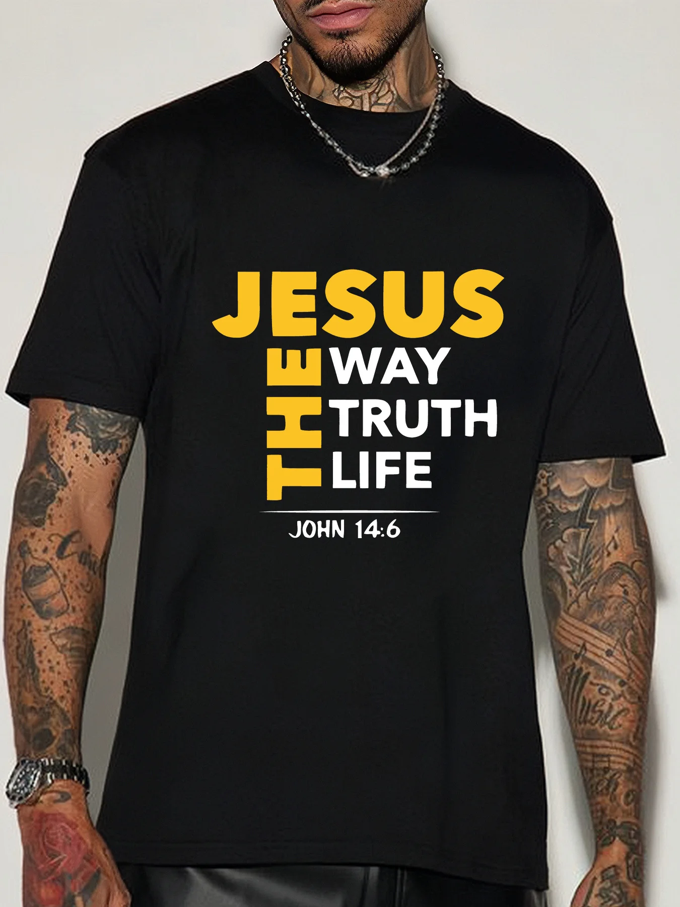 Men Short Sleeve Crew Neck T Shirt Jesus The Way Truth Life Bible Text Religious Belief Theme Casual Cotton Streetwear Tee