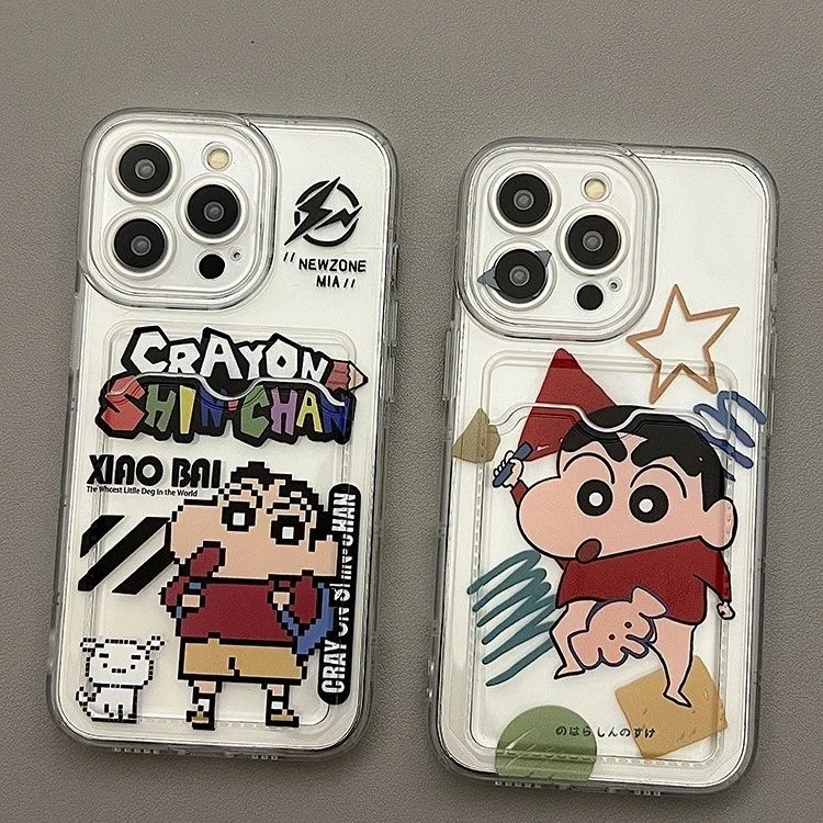 

Anime Cute cartoon Crayon Shin-chan Wallet card Phone Case For iPhone 12 13 14 15 16 17 Pro Max Plus Air Clear Soft TPU Cover