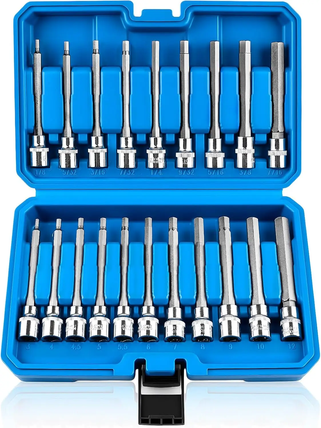 

20PCS Extra-Long Allen Bit Set, 3/8' Drive, SAE & Metric (1/8'-7/16', 3-12mm), CR-V & S2 Alloy