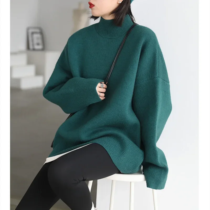 

Autumn Winter Women's Knitted Sweaters Korean High Neck Jumper Thick Loose Solid Pullover Oversized Sweater Turtleneck for Women