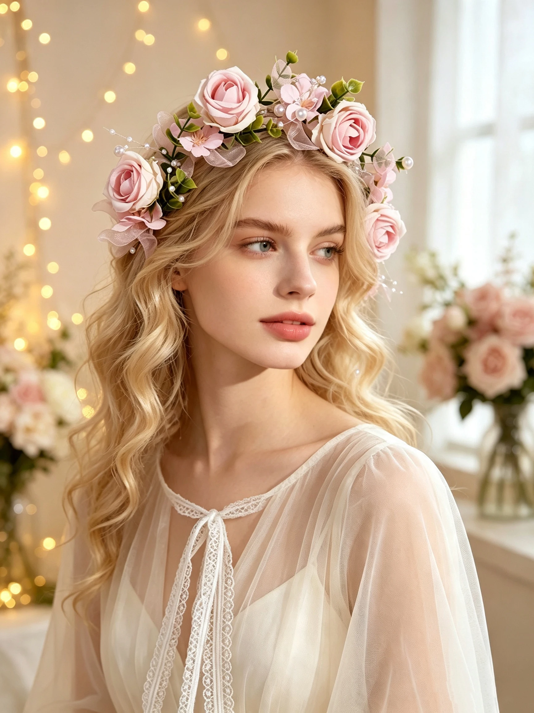 Bride's white rose flower wreath, pearl green leaf lace ribbon headband, wedding dress outdoor wedding travel photo shoot headpiece