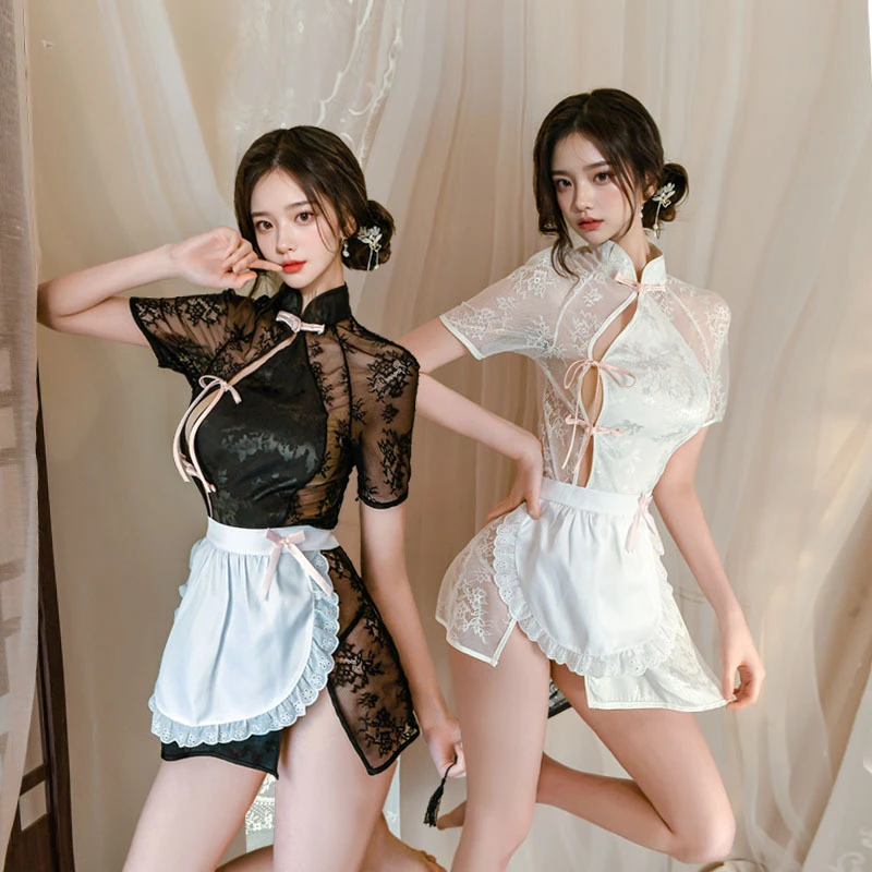 Sexy Traditional Chinese Qipao Dress Erotic Lingerie Lace Cheongsam Skirt Set Bandage Pajamas Women's Sex Costumes Black White