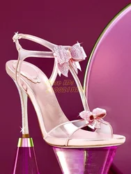 T Strap Pink Butterfly Knot sandali tacco alto sottile 2024 sandali estivi Crystal Open Toe Stiletto scarpe con tacco alto