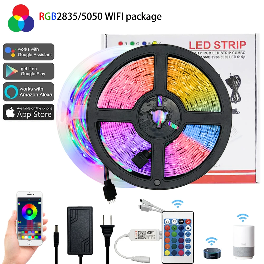 Smart Wifi RGB LED Colored Light Strips Ribbon 12V 220V Decorative DIY Backlight Tape Works with Alexa Google Home Voice Control