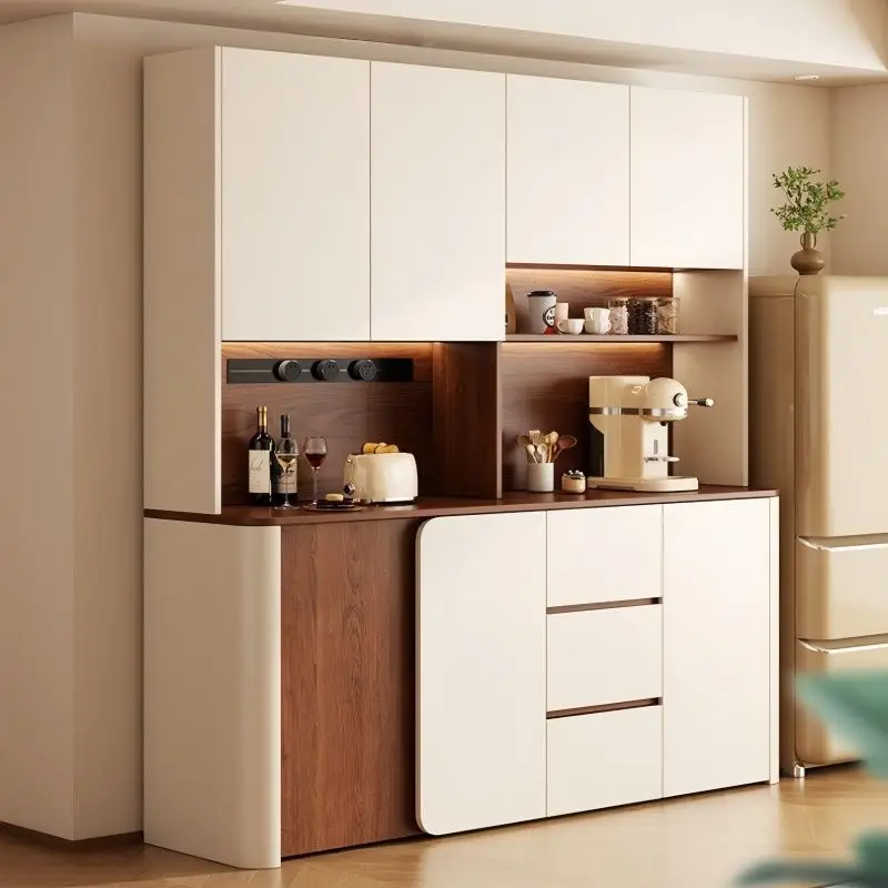 Solid wood medieval cream wind rounded corner side cabinet integrated against the wall living room feeding table shelf