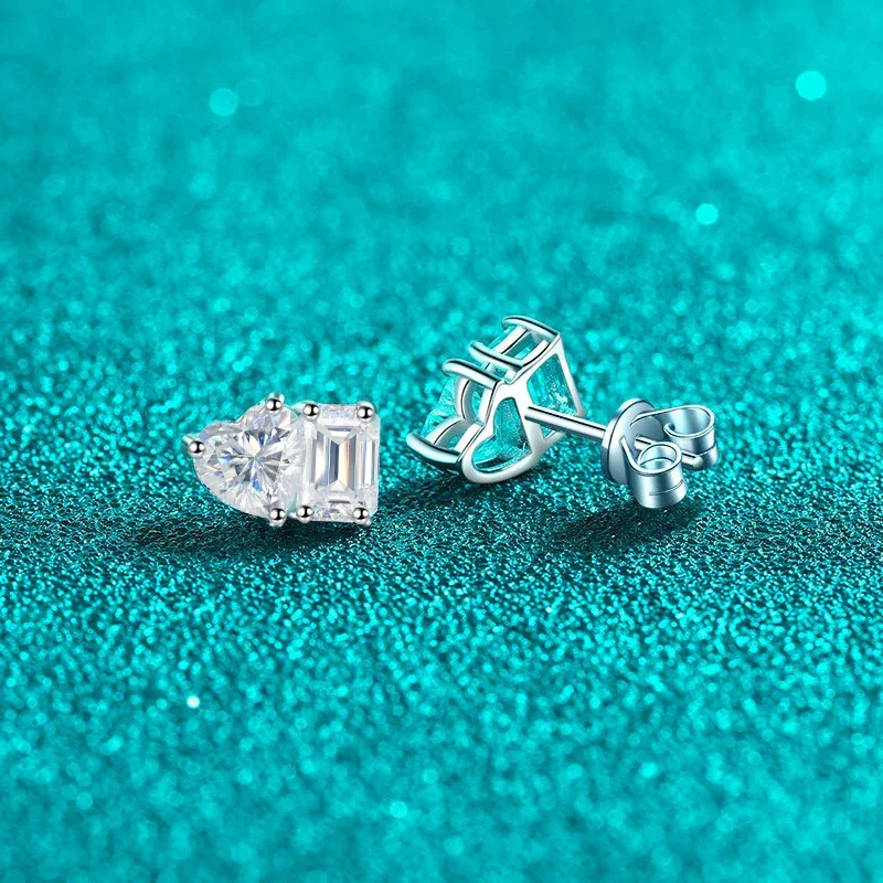 NeeTim Emerald Radiant Heart Cut Moissanite Stud Earrings For Women S925 Sterling Silver Wedding Two Stone Earrings Jewelry