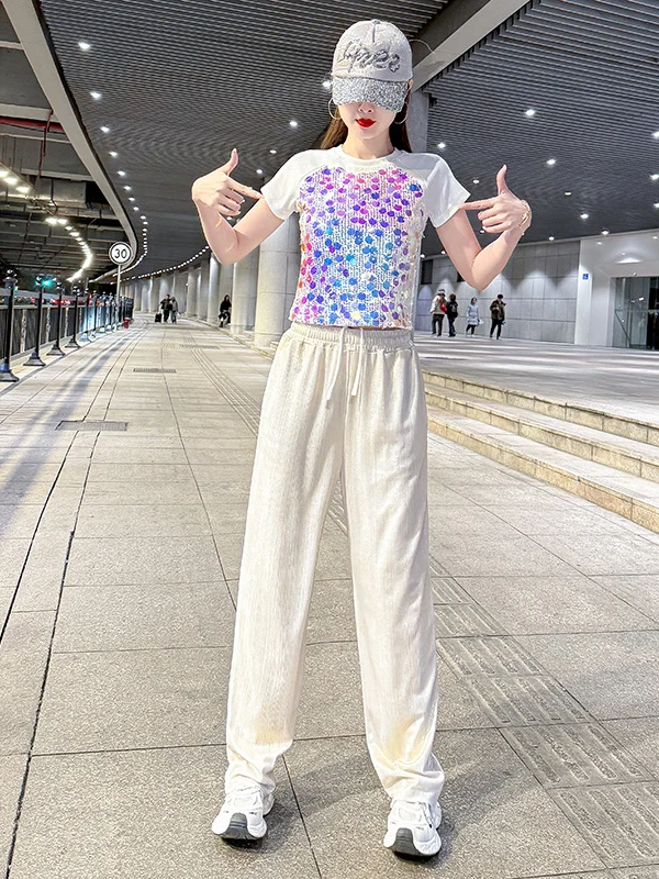 Fashionable Short-Sleeve Dance Outfit Set Street Dance Pants Sparkling Ghost Step Dance Clothing Jazz Dance Korean Style Chee...