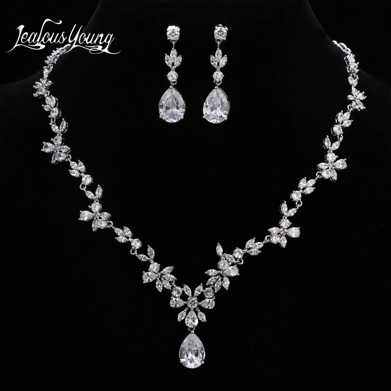 Luxury Flower Design Water Drop Crystal Bridal Jewelry Sets For Women Wedding AAA Zircon African Jewelry Set Jewellery AS147