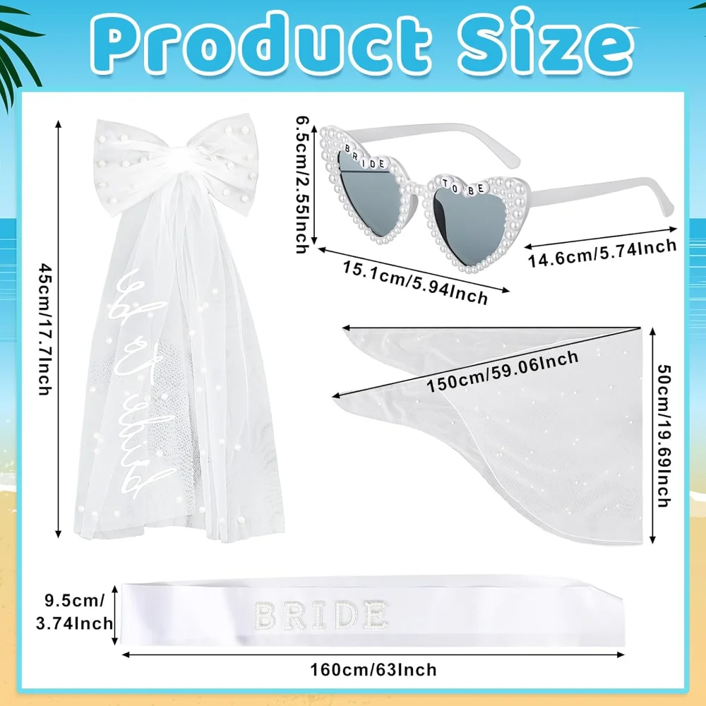 4-teiliges Braut-Accessoire-Set: Perlen-Sarong, Herz-Sonnenbrille, Schärpe, Tüllschleier für Junggesellinnenabschied und Brautparty-Dekoration – Detail 2