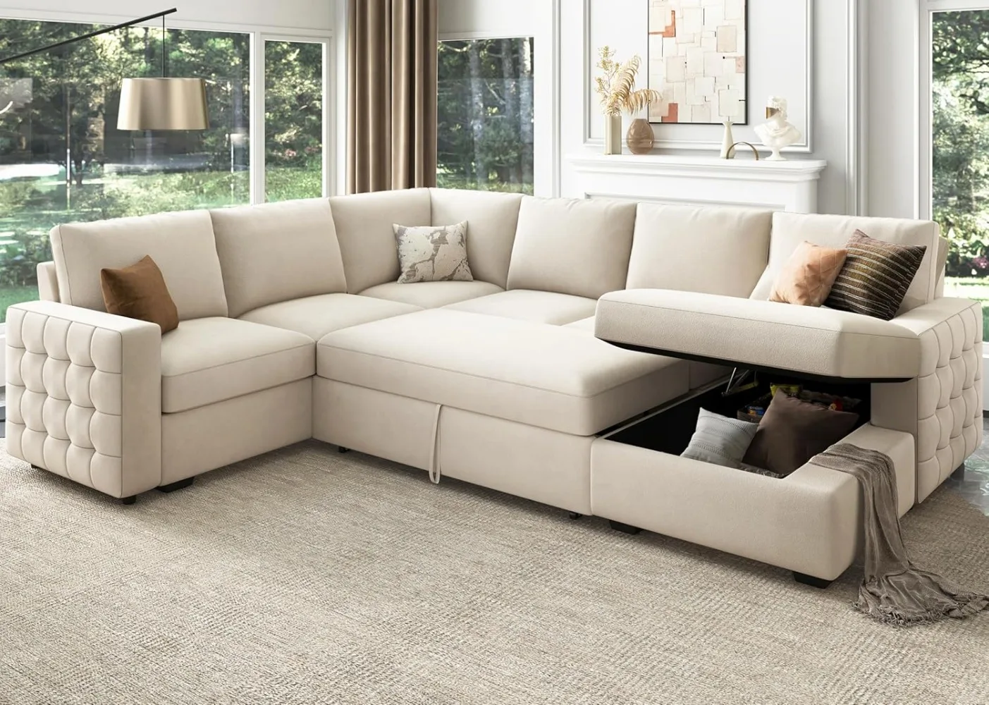 Sleeper Sectional Sofa with Storage Chaise U Shaped Sectional Couch for Living Room, Velvet Sleeper Sectional Couch with Pullout