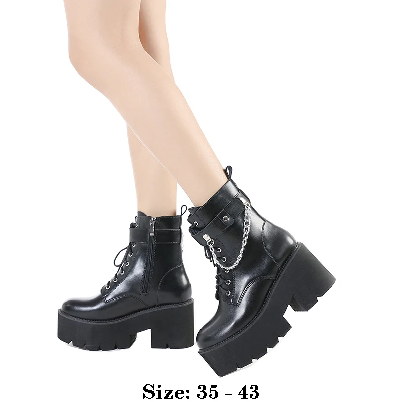 

High quality long ankle leather boots for women zipper 8cm high heel platform new 2025 autumn winter 35 43 fashion shoe black