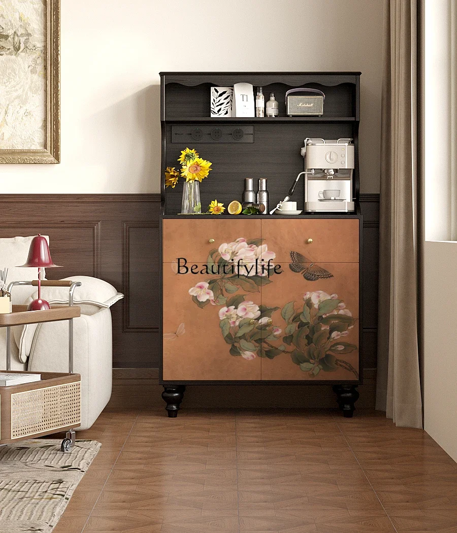 FGFrench retro style solid wood dining side cabinet integrated against the wall, installation-free locker