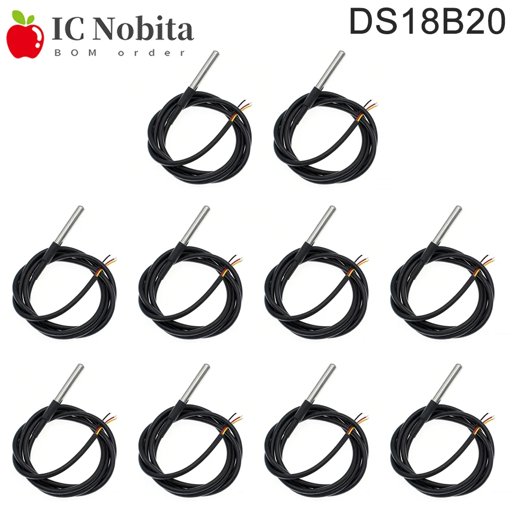 10PCS Waterproof DS18B20 Temperature Sensor Probe with Stainless Steel Shell - for Water/Liquid Temperature Detection