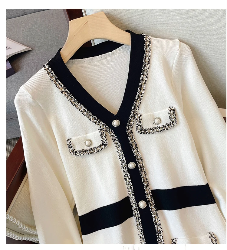 Nữ Chiếu Trúc Hạt Nút Đầm Dệt Kim Cổ V Sang Trọng Thu Đen Trắng Đánh Màu Ngọc Trai Nơ Có Cổ Áo LEN ĐẦM