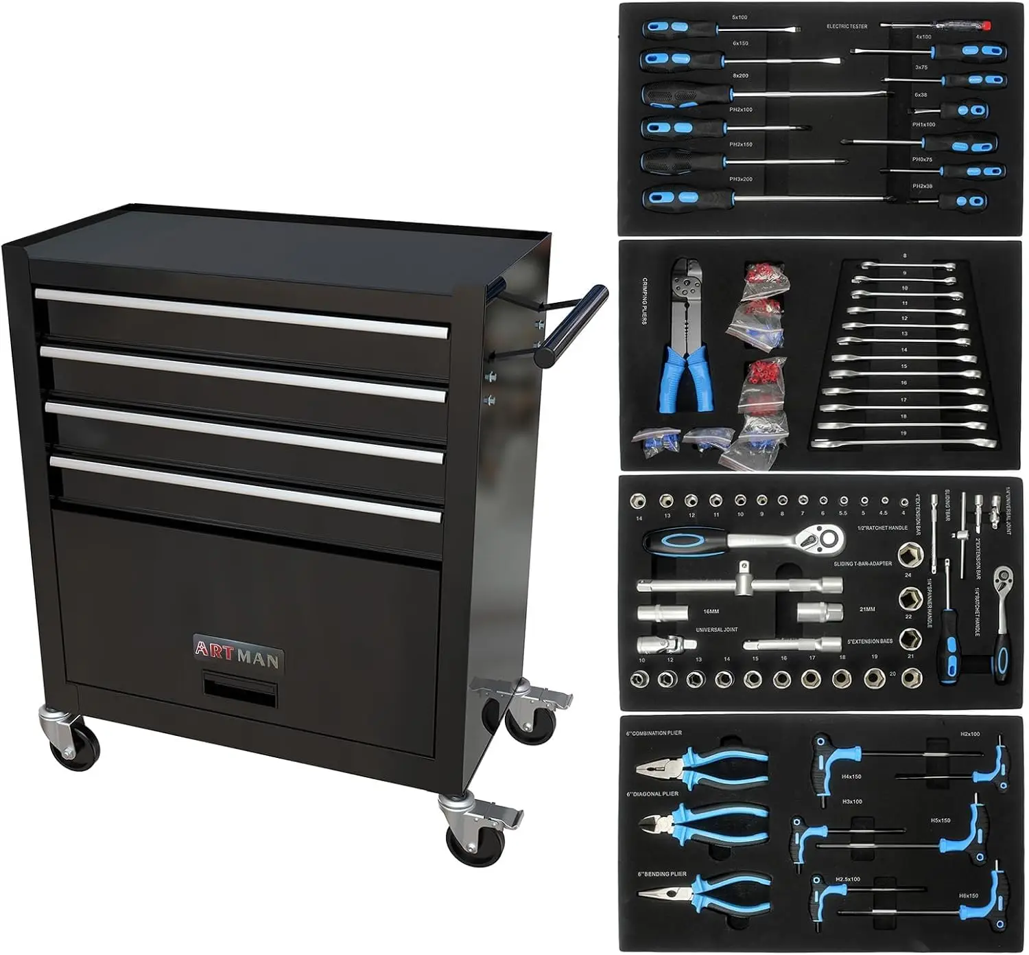 

233PCS 4 Drawers Rolling Tool Box with Tool Sets, Heavy Duty Steel Garage Storage Cabinet with Lockable Wheels, Mechanic Organiz