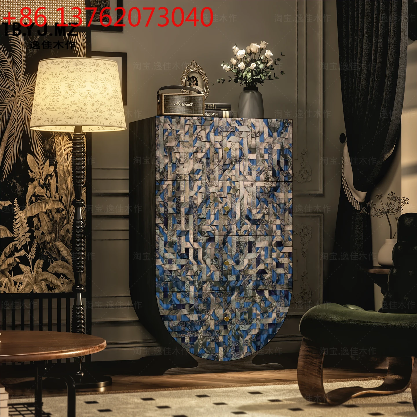 

Light luxury modern abstract art crystal blue decorative solid wood four chest living room