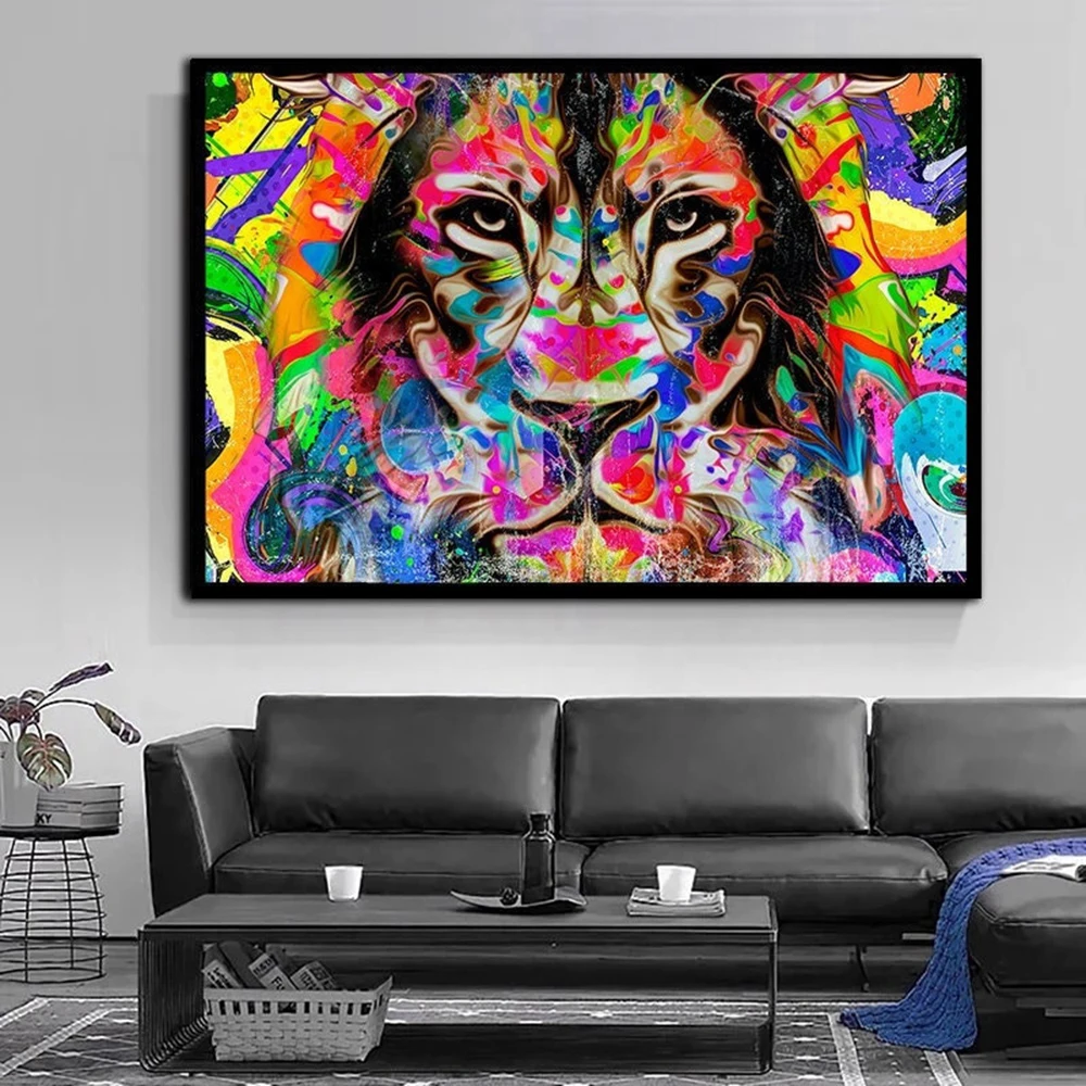 Abstract Colorful Lion Canvas Painting Street Graffiti Animal Poster Print Wall Art Picture for Living Room Home Decoration