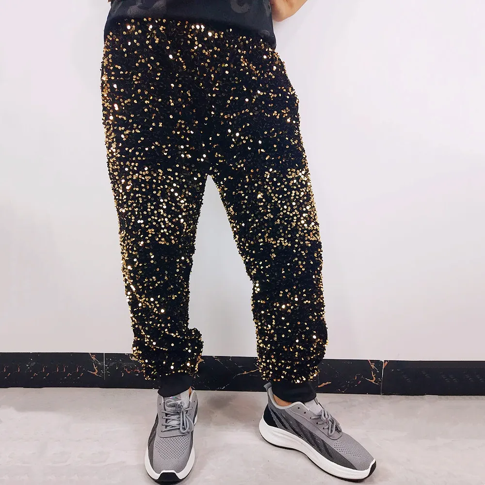 

Punk Style Men Gold Sequin Velvet Pants Casual Loose Nightclub Bar Male Rock Singer Dancer Performance Shiny Trousers Stage Wear