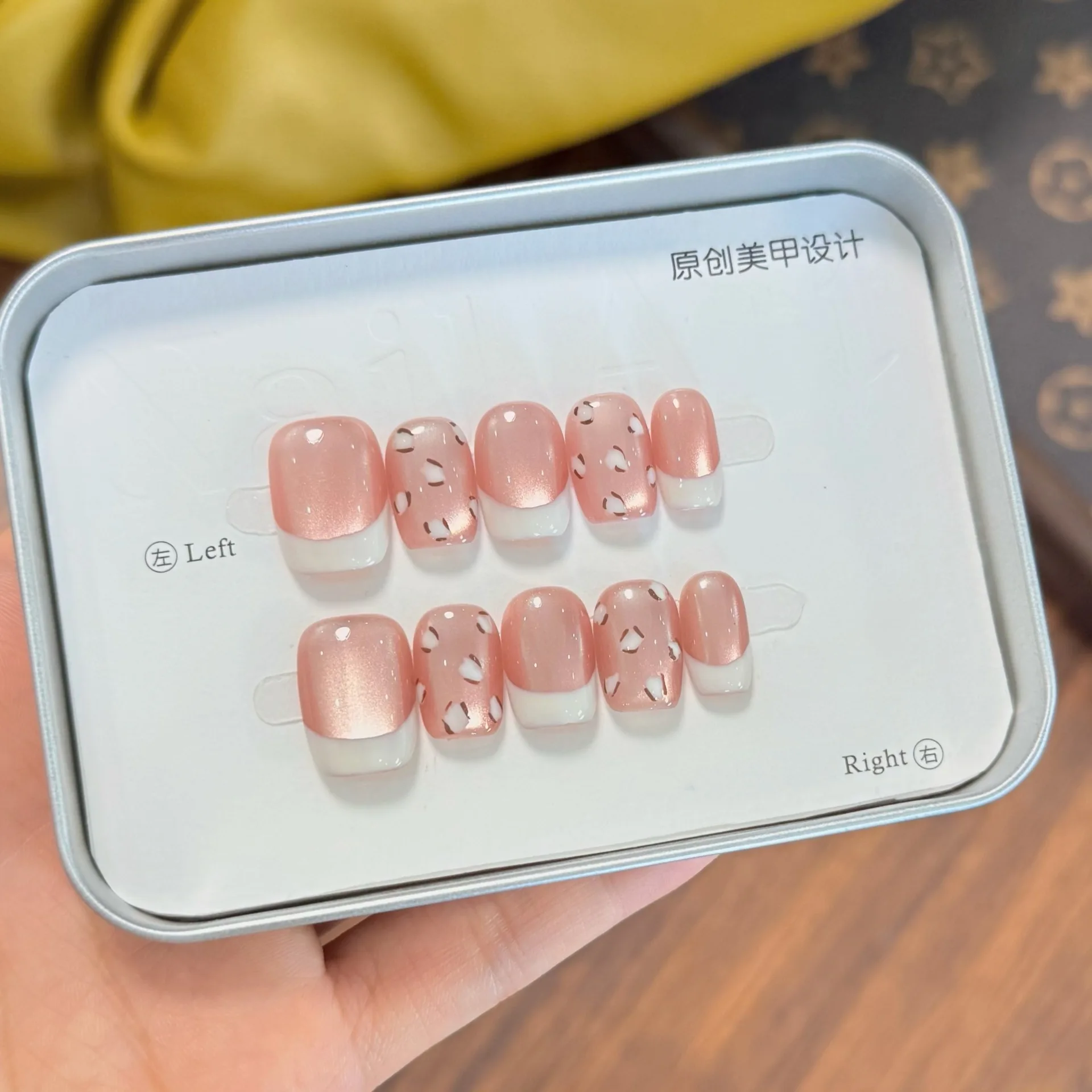 

10pcs Handmade Press on Nails Leather Pink French Leopard Print Glitter Glass Bead Cat Eye Fake Nail for Women&Girl Nail Art