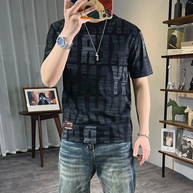 Fashion O-Neck Spliced Printed Letter Vintage T-Shirts Men's Clothing Summer New Loose Casual Tops