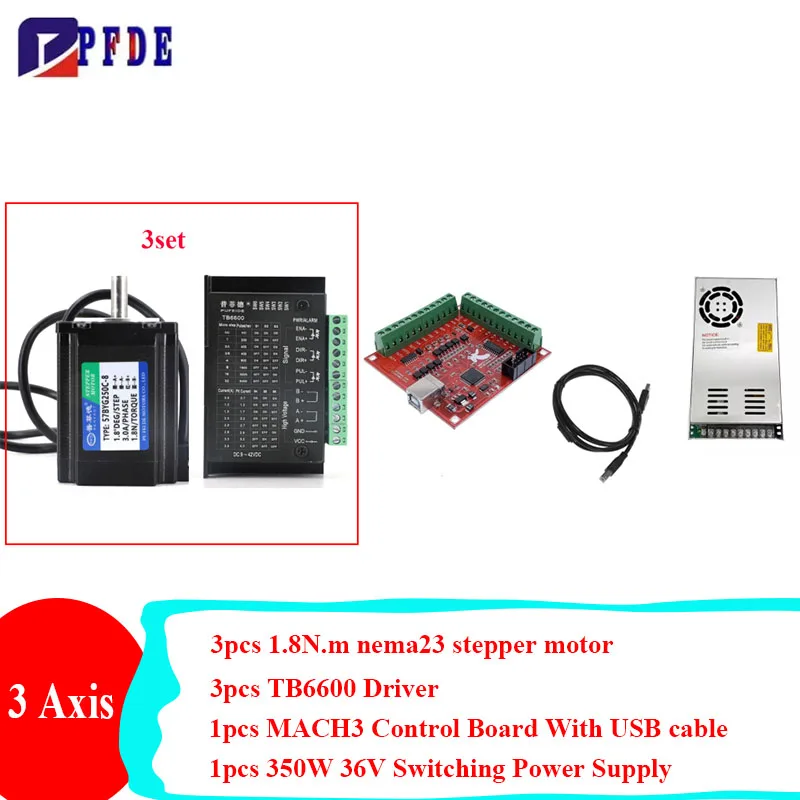 

CNC 3-Axis Stepper Motor set, Nema23 1.8N Stepper Motor+TB6600 Driver+1pcs 350w 36v Switch Power Supply with MACH3 Control Board