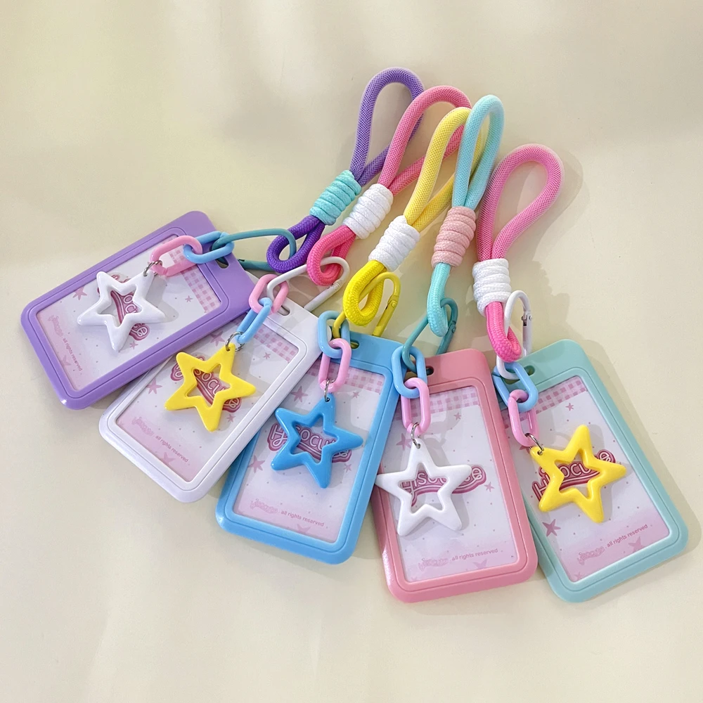 Kawaii Solid Color Id Card Holder With Star Charms Braided Wrist Strap Plastic Photocard Case Keychain Student Bag Pendant Gift