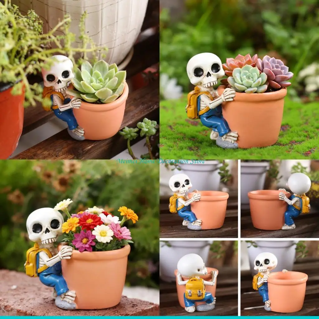 H7BF Playful Skull Themed Flower Holder Container For Gift Giving And Plant Lovers