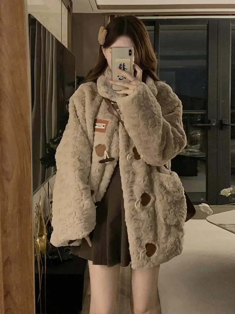 Large Size Women's Furry Lamb Fur Jaet Rabbit Velvet Leather Cotton Coat Winter Loose One-Piece Stand Collar Button up Long...