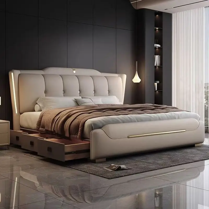 

！@2025 Cheap Modern Elegant Design Bedroom Furniture Tufted Soft Headboard Gas Lift Storage E-comerce Leather Bed