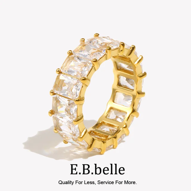 E.B.belle Tarnish Free 18K pozłacany błyszczący kwadratowy pierścionek z cyrkonią stal nierdzewna 316L przezroczysty wodoodporny pierścionek damski