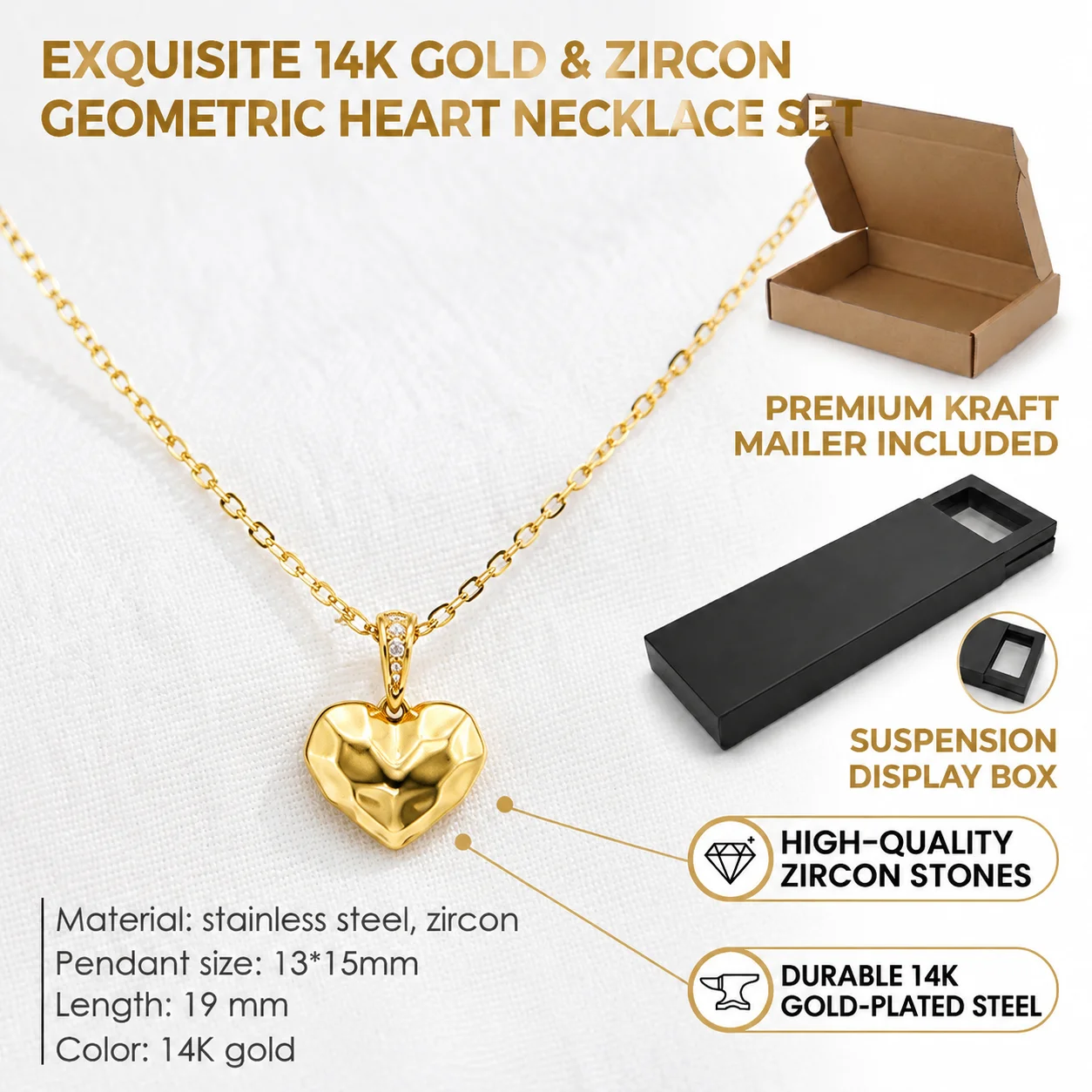Dainty Hammered Geometric Heart Pendant Necklace Women Stainless Steel Paperclip Chain Irregular Wrinkled Love Charm