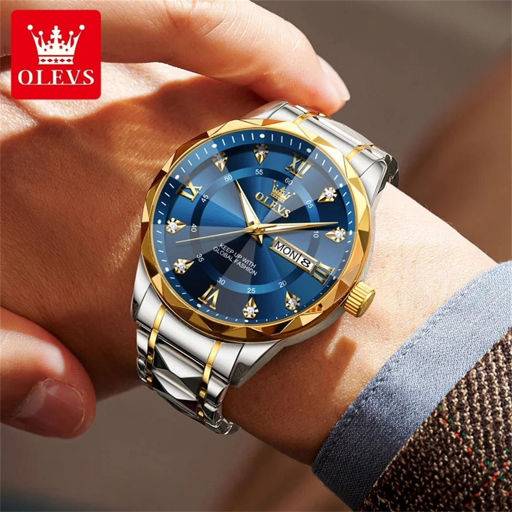 OLEVS Rhombus Design Quartz Watches for Man Dual Calendar Display Luminous Stainless steel Strap Diamond Dial Male Wristwatches