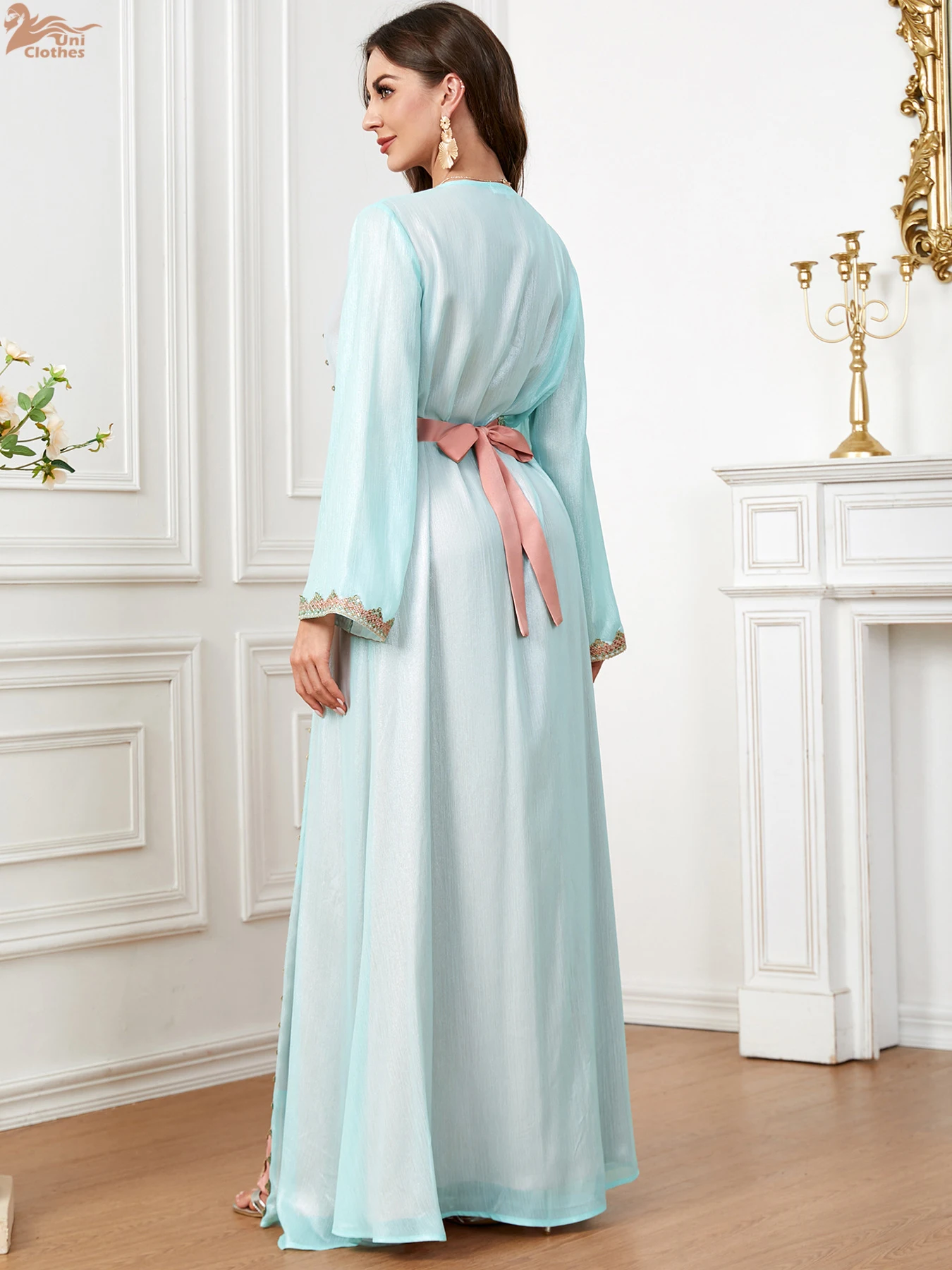 Uni 2 Piece Abaya Set Embroideried Long Sleeves Caftan Muslim Luxury Abayas With Belt For Women Elegant Dubai Robe Evening