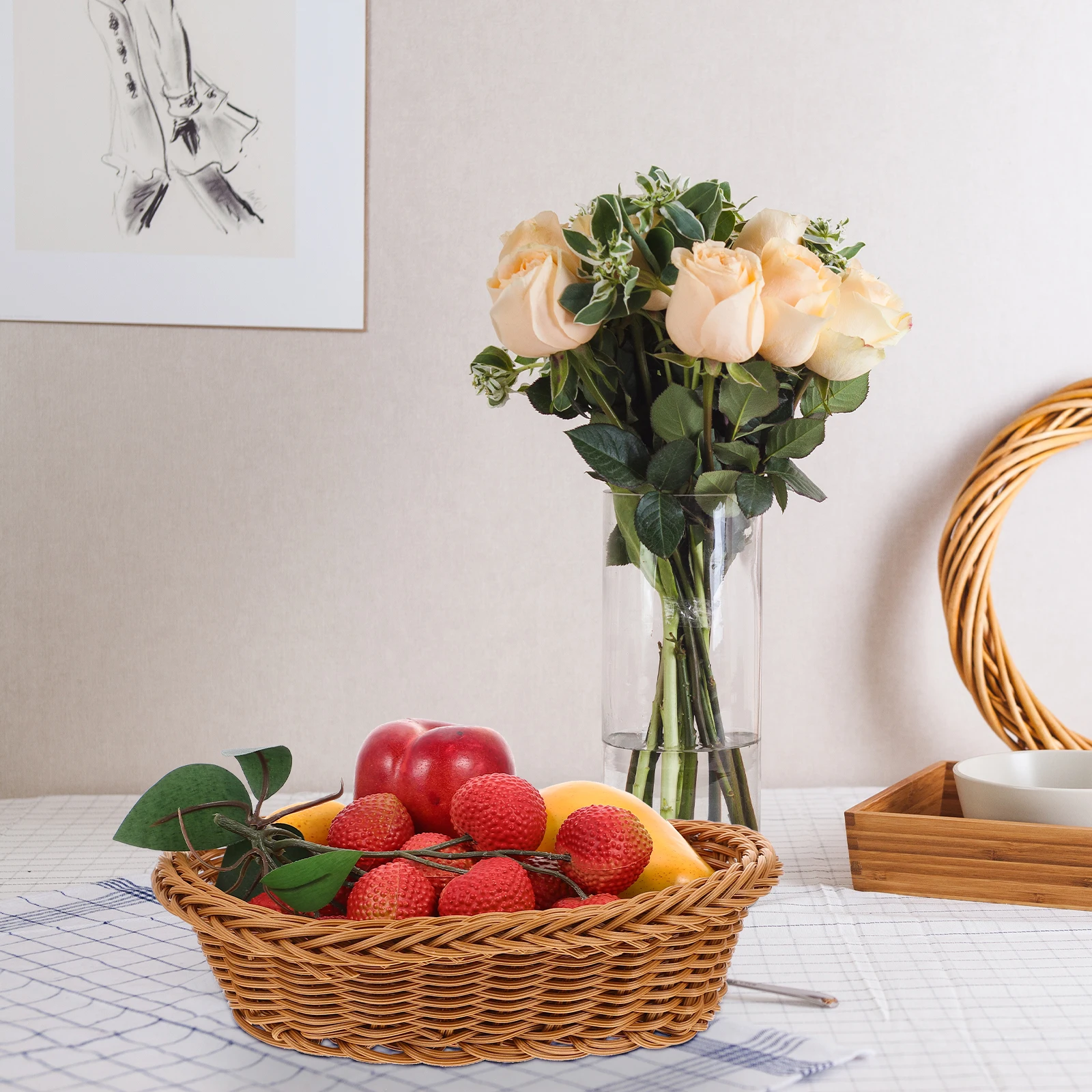 

Imitation Rattan Plastic Woven Baskets Storage Basket Fruit Snack Decorative Hotel Bedroom Simple Natural Appearance