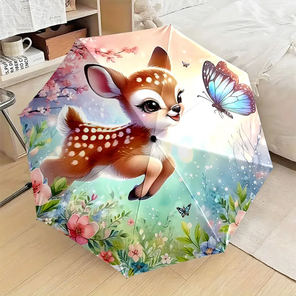 Cute Fawn and Butterfly Art with Flowers and Spring Glow portable waterproof sun rain umbrella for outdoor travel beach