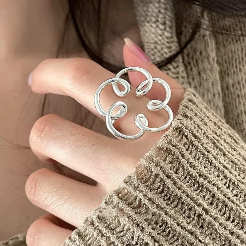 

925 Sterling Silver Large Flower Hollowed Out Ring for Women Girl Gift Line Irregular Adjustable Jewelry Gift Dropshipping