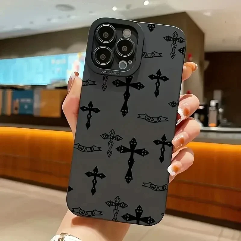 Phone Case For iPhone 15 14 11 12 13 Pro Max Mini 7 8 Plus X XR XS Max SE 2020 2022 Black Cross Print Shockproof Soft Cover