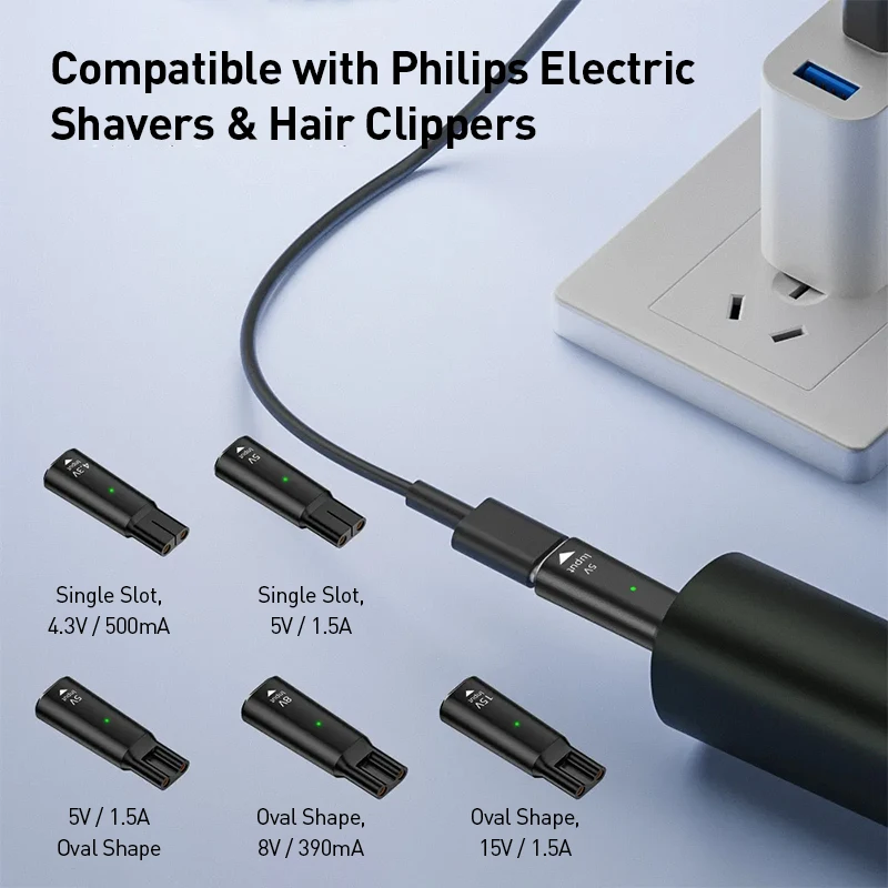 USB-C Charging Adapter for Philips Shaver Hair Clipper 5V/8V/15V Fast Charger Converter Replacement Cord with LED Indicator