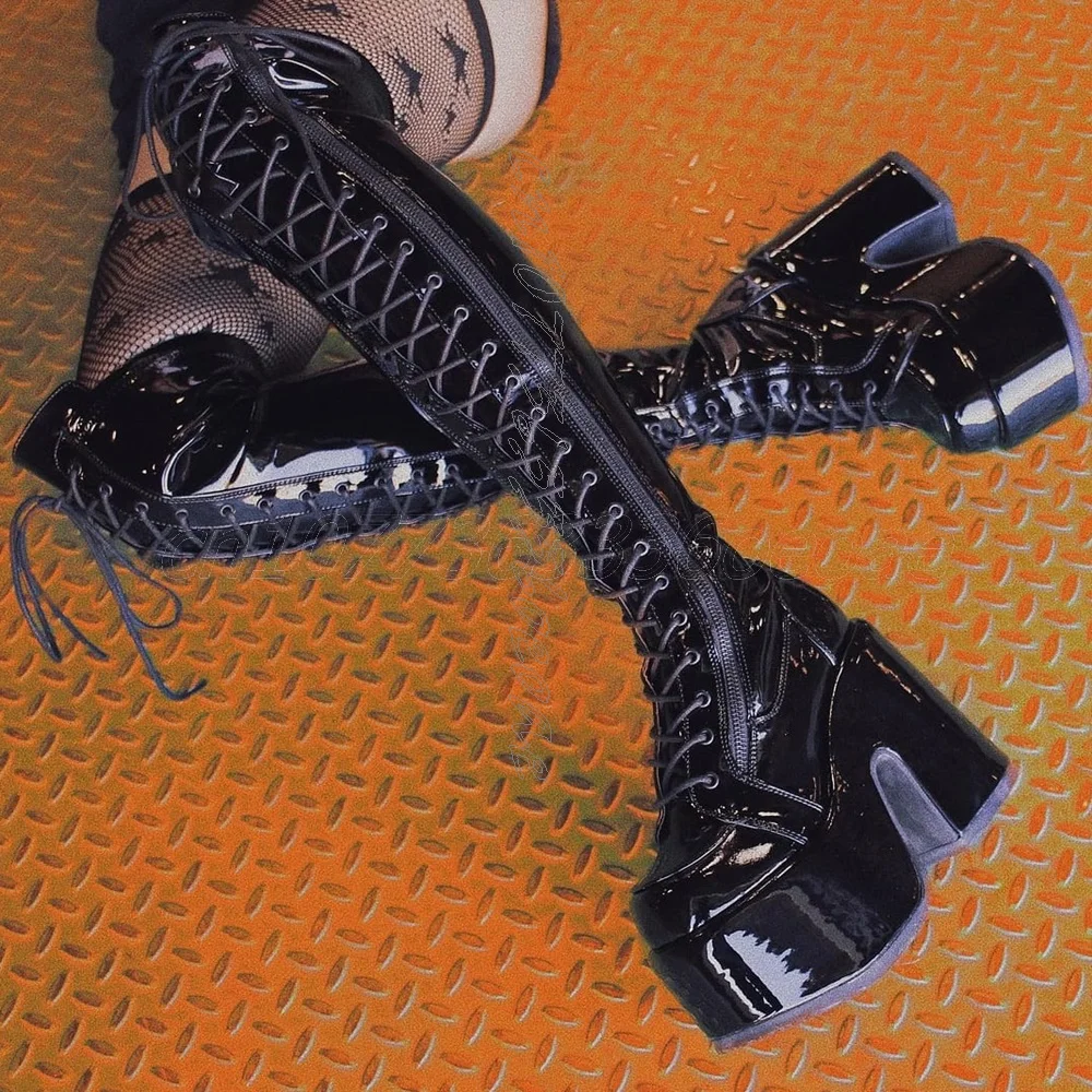 

Punk Thick Bottom Boots with Zipper Decoration Front Laced Women's Shoes Black Leather Chunky Shoes 2025 Zapatos Para Mujere