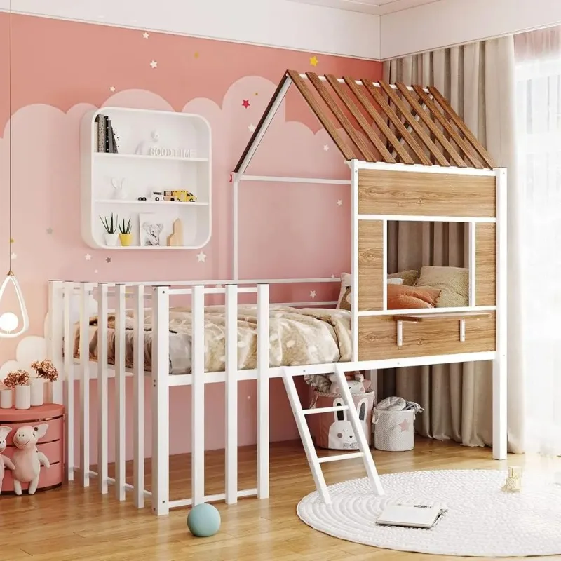 Harper & Bright Designs Kids House Beds Low Lot Bed e with Roo, Window, Guardrail and Ladder, Metal Twin Size Lot Bed or Kids Te