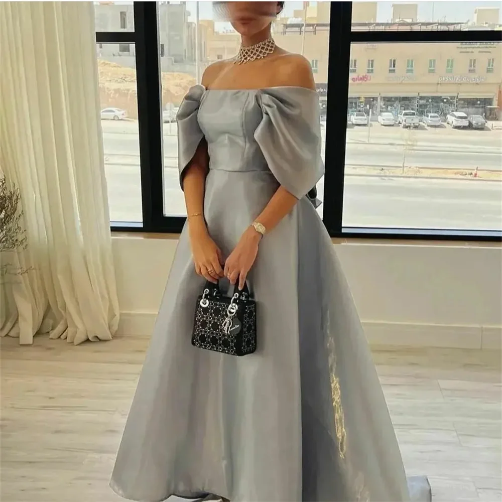 Amanda Vintage Long Light Blue Satin Evening Dresses With Bow High Low Off Shoulder Formal Party Dress for Women