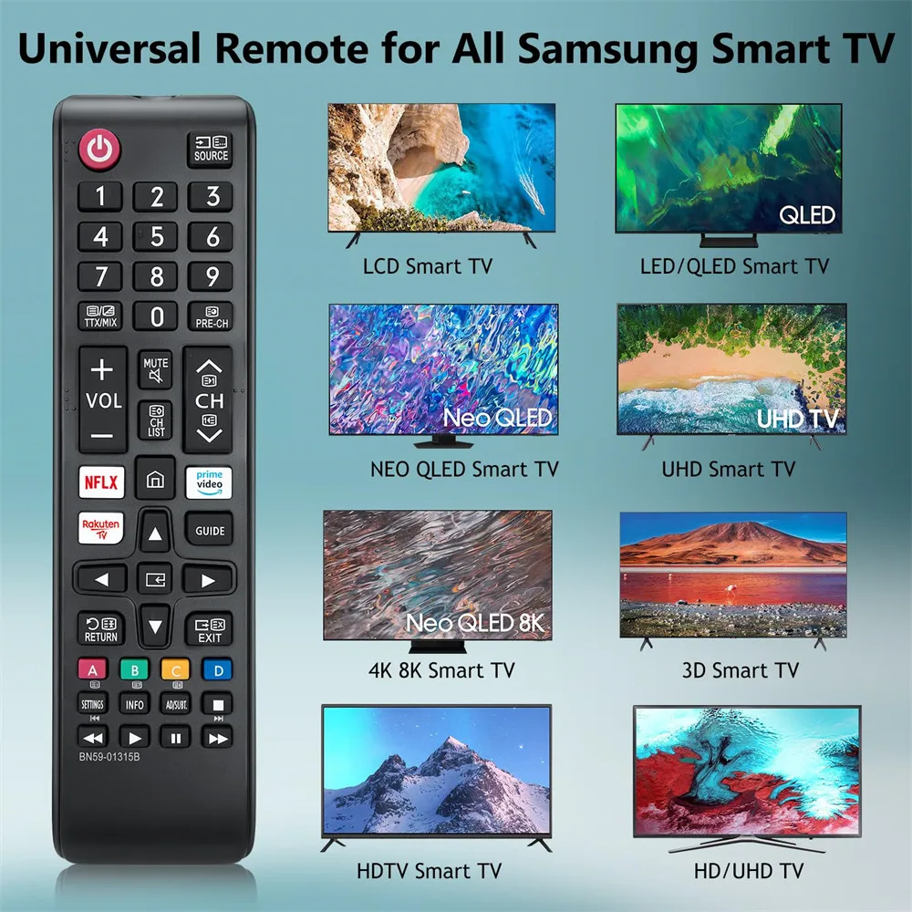 Replacement BN59-01315B Universal Remote Control for Samsung Smart TV 4K 8K LCD LED UHD HDR Crystal QLED UE Series Quantum TVs