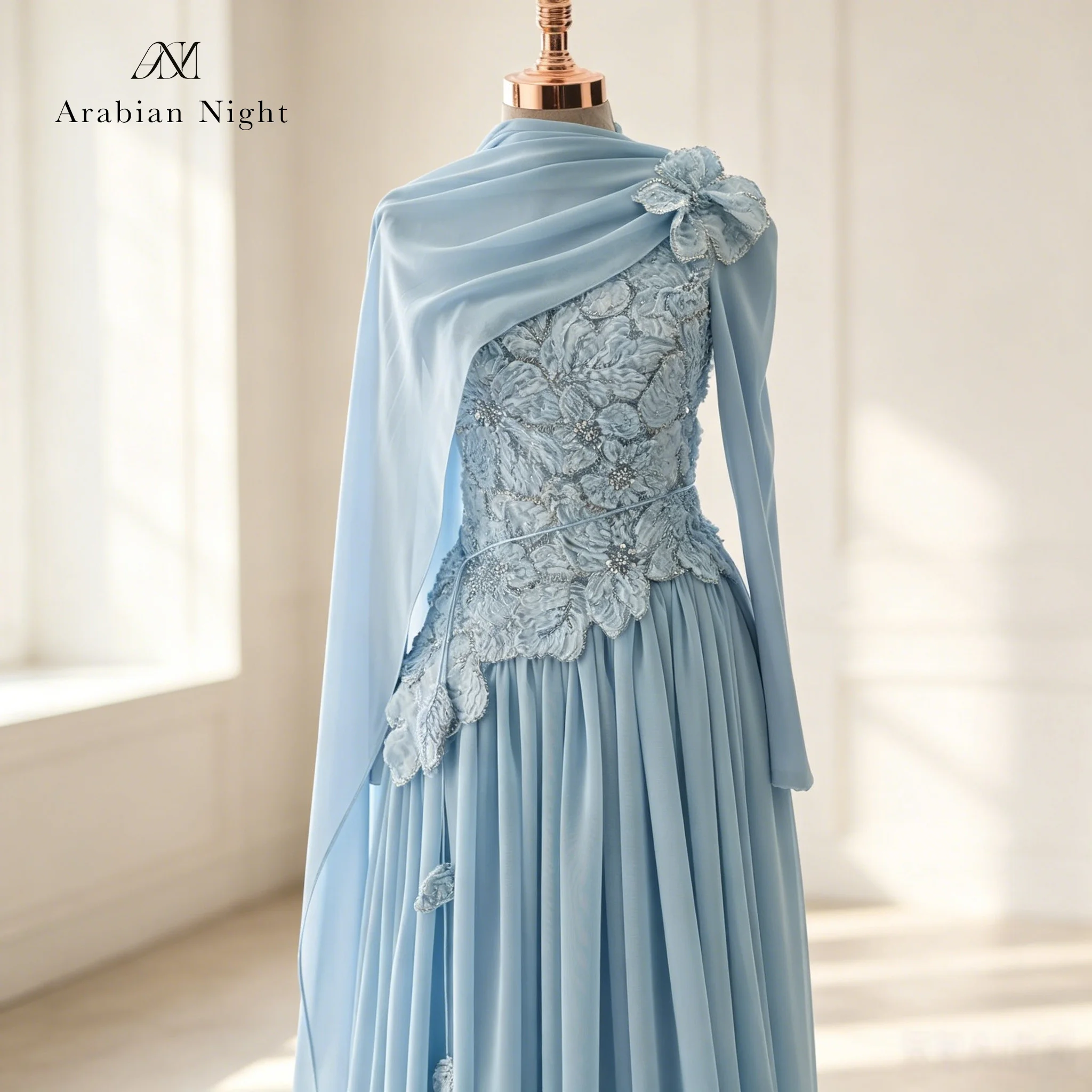 Elegant Light Blue Long Formal Gown with Shawl Chiffon Evening Dress Floral Embroidery Adorned Women's Special Occasion Wear
