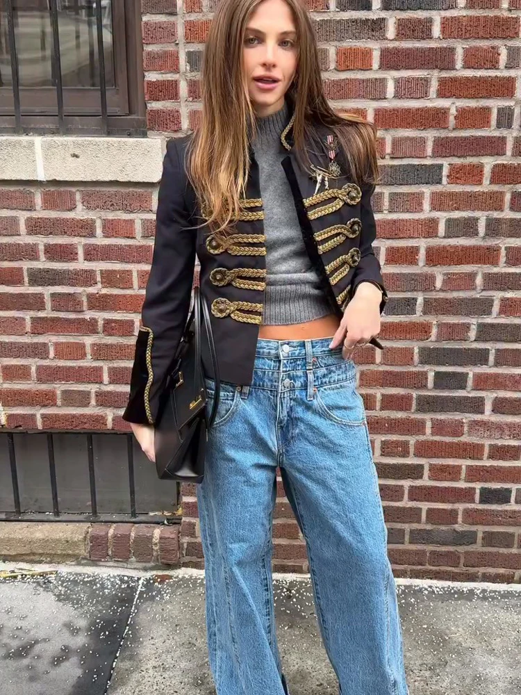 

Women Trendy Black Napoleon Military Jacket Casual Stand Collar Braided Buttons Short Jackets Fashiondaily Highstreet Coat 2026