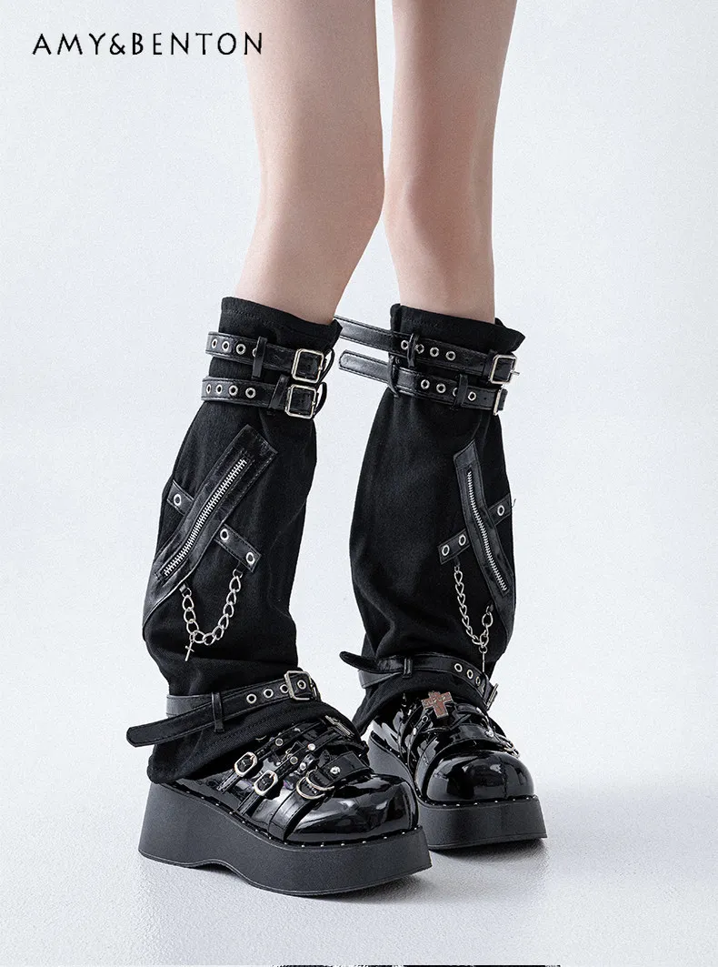 

Gothic Hot Girl Y2K Black Denim Zipper Leg Warmers Spring Summer Subculture Leather Buckle Strap Functional Style Legwarmers